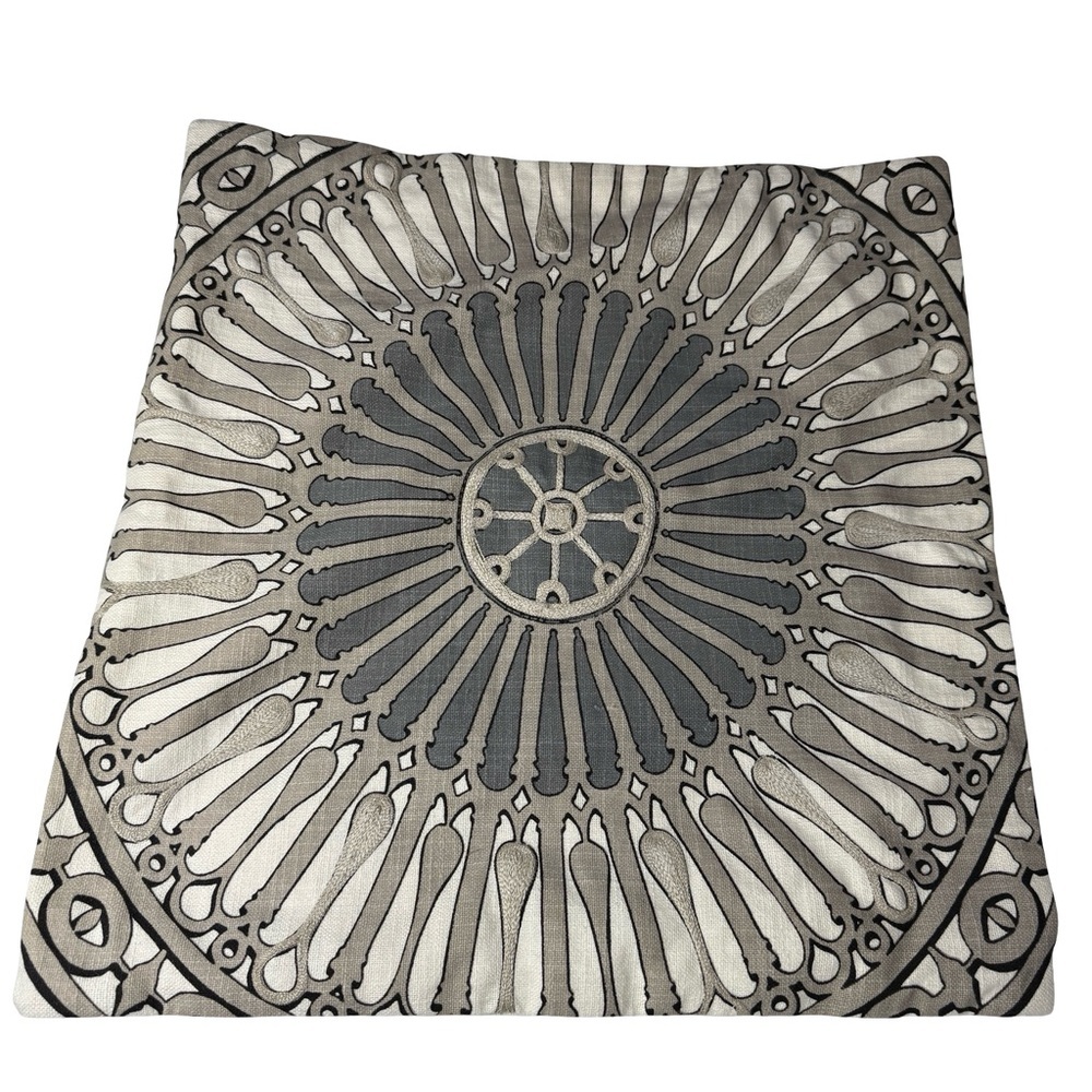 Crate & Barrel 20” x 20” Pillow Cover Embroidered Zipper Medallion Grey Beige
